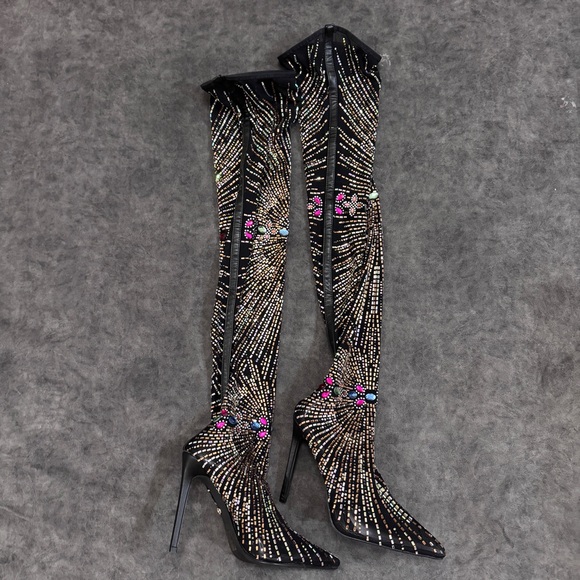 NEW AZALEA WANG Black Pointed Toe Sparkly Crystal Thigh High Boot Stiletto Sz6.5 - Picture 8 of 8